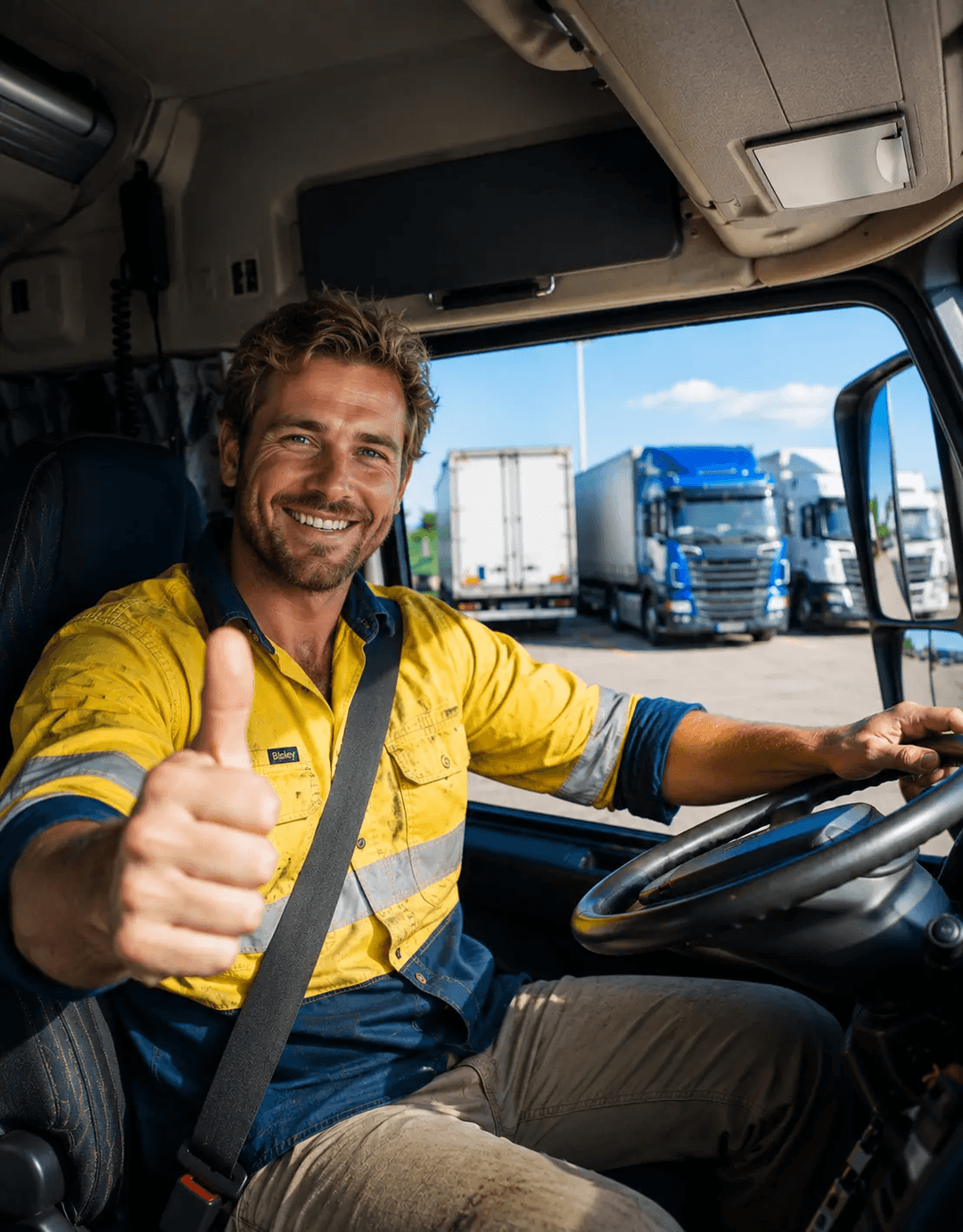 Truck driver standing in front of blue truck