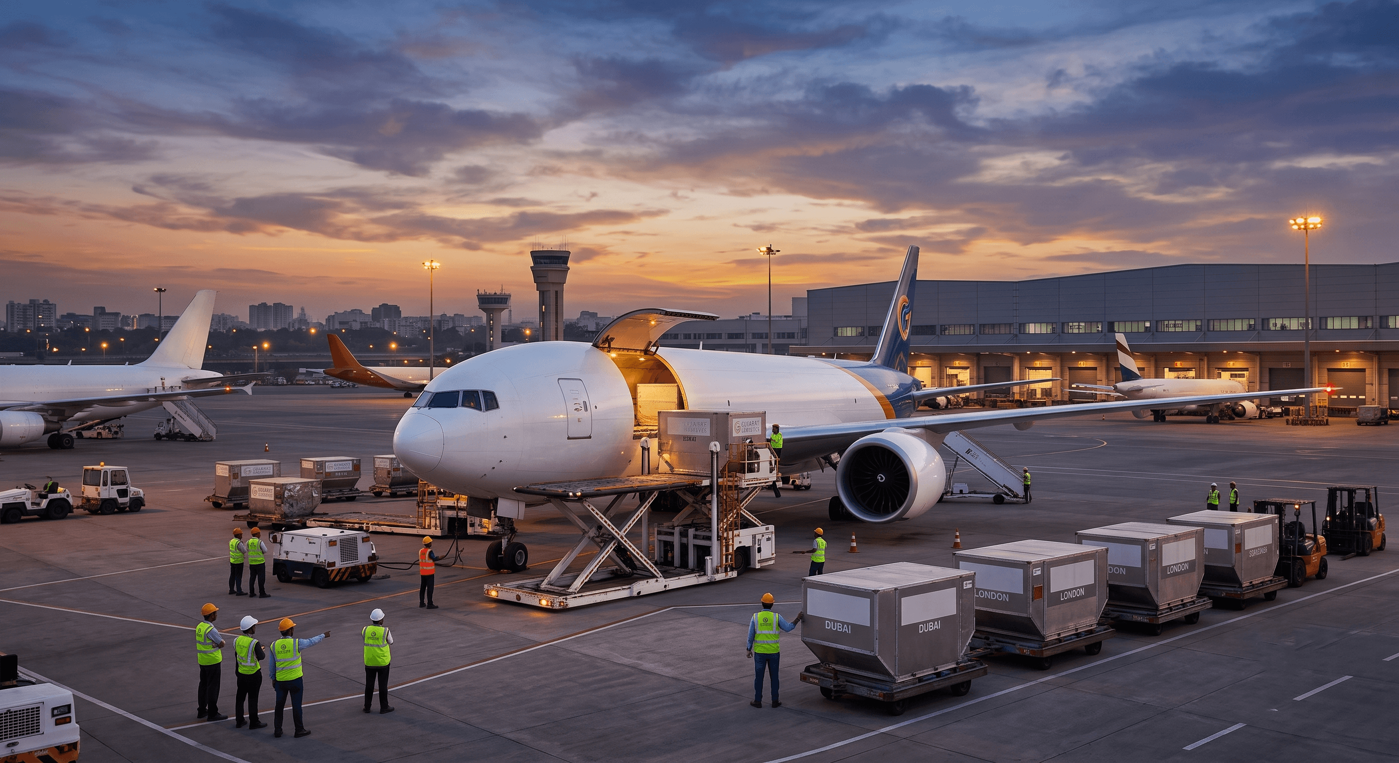 Air freight cargo plane being loaded at sunset