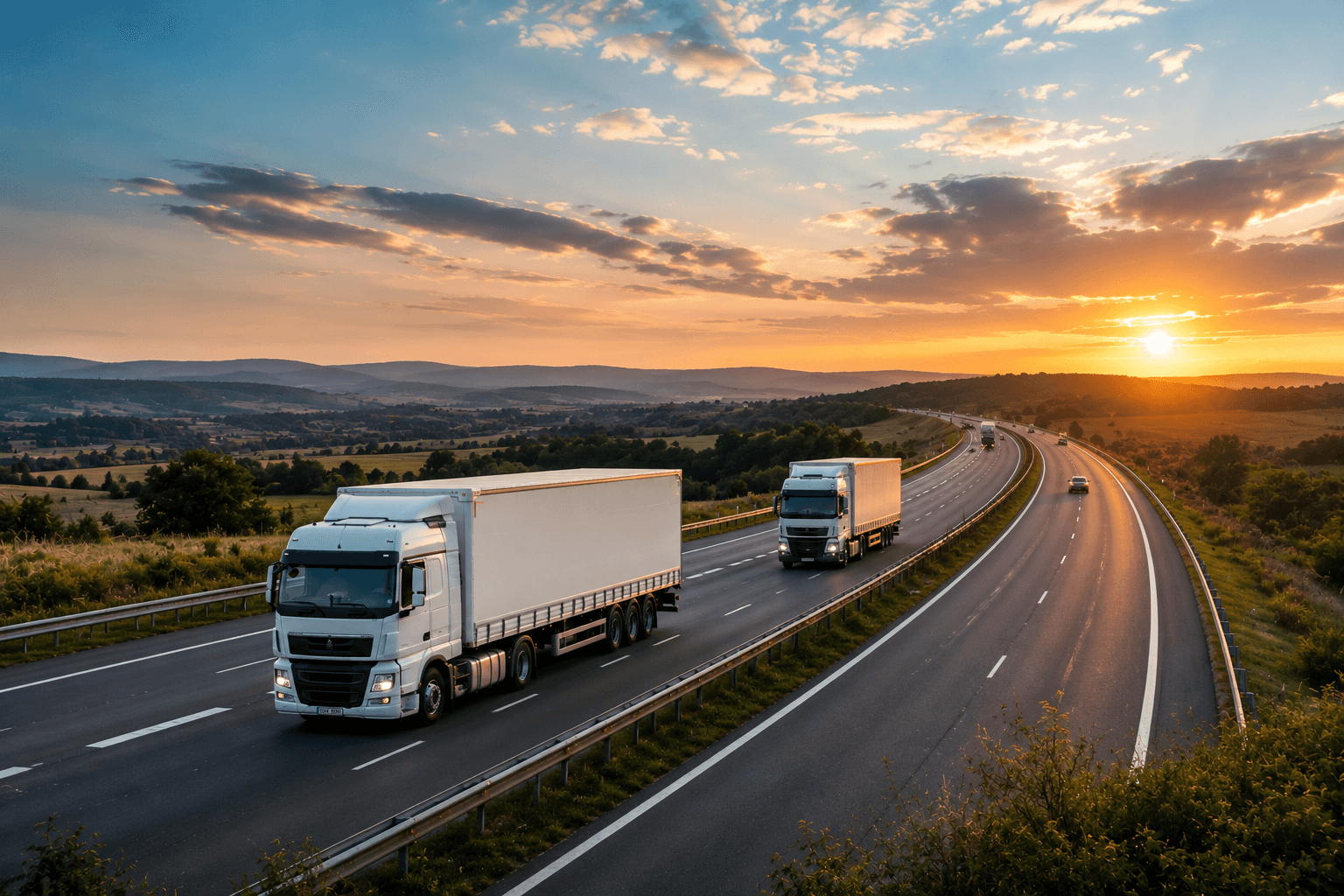Long-haul truck on a highway at sunset